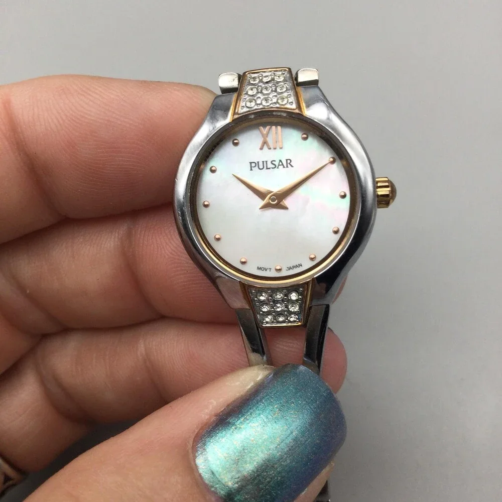 Pulsar Womens Watch 23mm MOP Dial Two Tone Crystal Bracelet New Battery 5.75